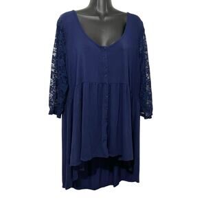 Torrid Womens Blouse Size 2 Blue Babydoll Lace Sleeve 3/4 Sleeves Henley Shirt